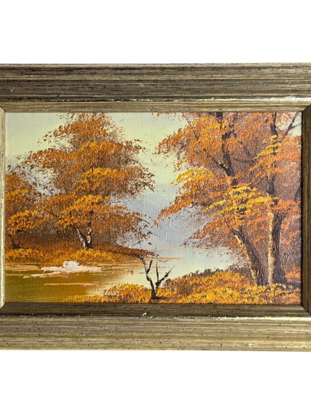 Vintage Original 9X12 Oil Painting Landscape Lake Flowers Trees